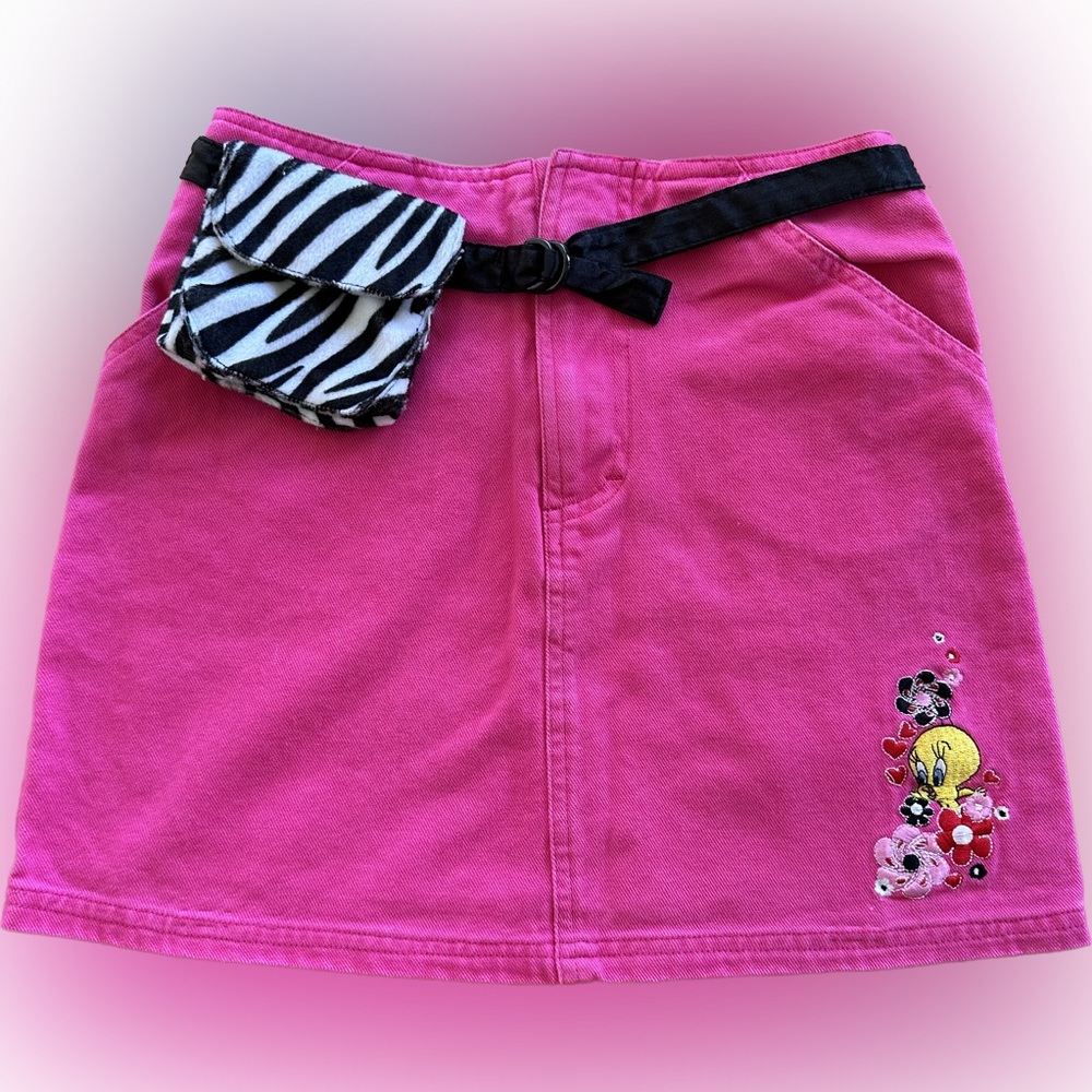 Vintage Warner Brothers Tweety Bird Pink Denim Skirt with Zebra Belt Bag